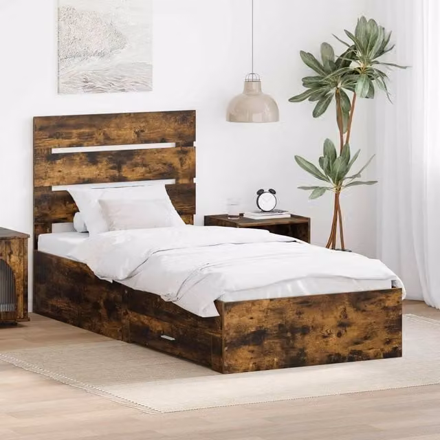 Berkfield Home Modern Bed Frame in Smoked Oak and Silver, W: 75 cm, L: 190 cm – 1