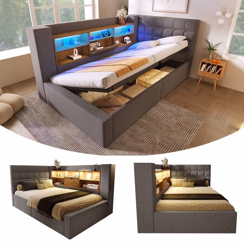 Rolipo Single Daybed with Hydraulic Storage, USB Charging Port and LED Lighting, Grey Linen, W/D/H: 90 x 190 x 91.44 cm – 6