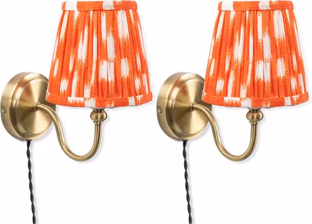 ValueLights Neely Pair of Orange Fabric Plug In Wall Lights in Antique Brass