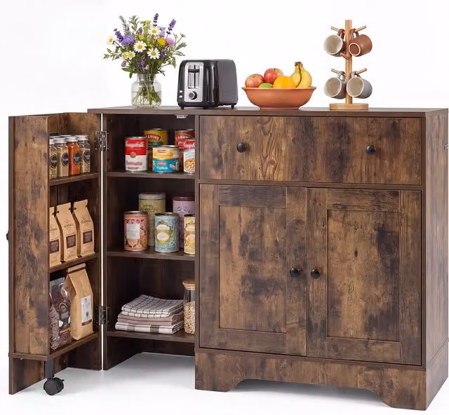 COSTWAY Rustic Brown Buffet Cabinet with Storage and Castors