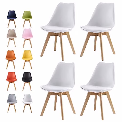 MCC Direct Set of 4 Retro Eva Dining Chairs with Wooden Legs and Padded Synthetic Leather Seats in White