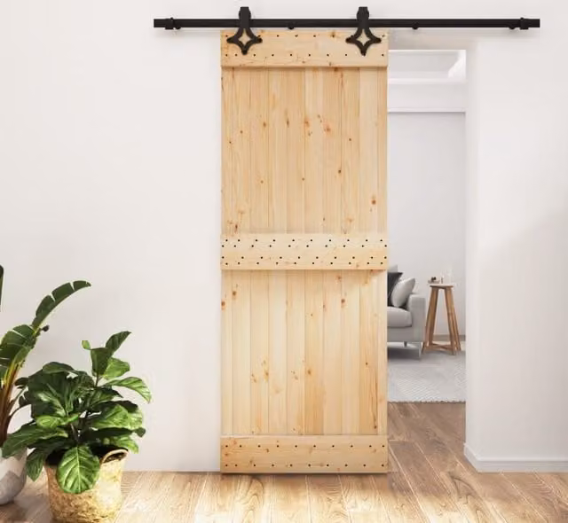 Berkfield Home Rustic Solid Wood Pine Sliding Door with Hardware Set in Brown, W: 80 cm, H: 210 cm