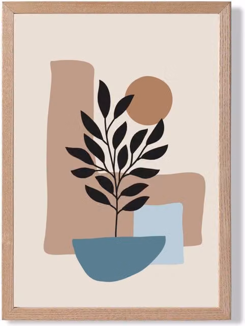 ARTZE Boho Graphical Floral Framed Print in Brown, Beige and Blue with Oak Wood Frame