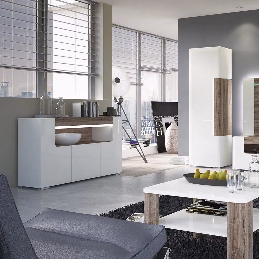Furniture To Go Toronto 3 Door White Glossy Sideboard with Open Shelving and Plexi Lighting – 3