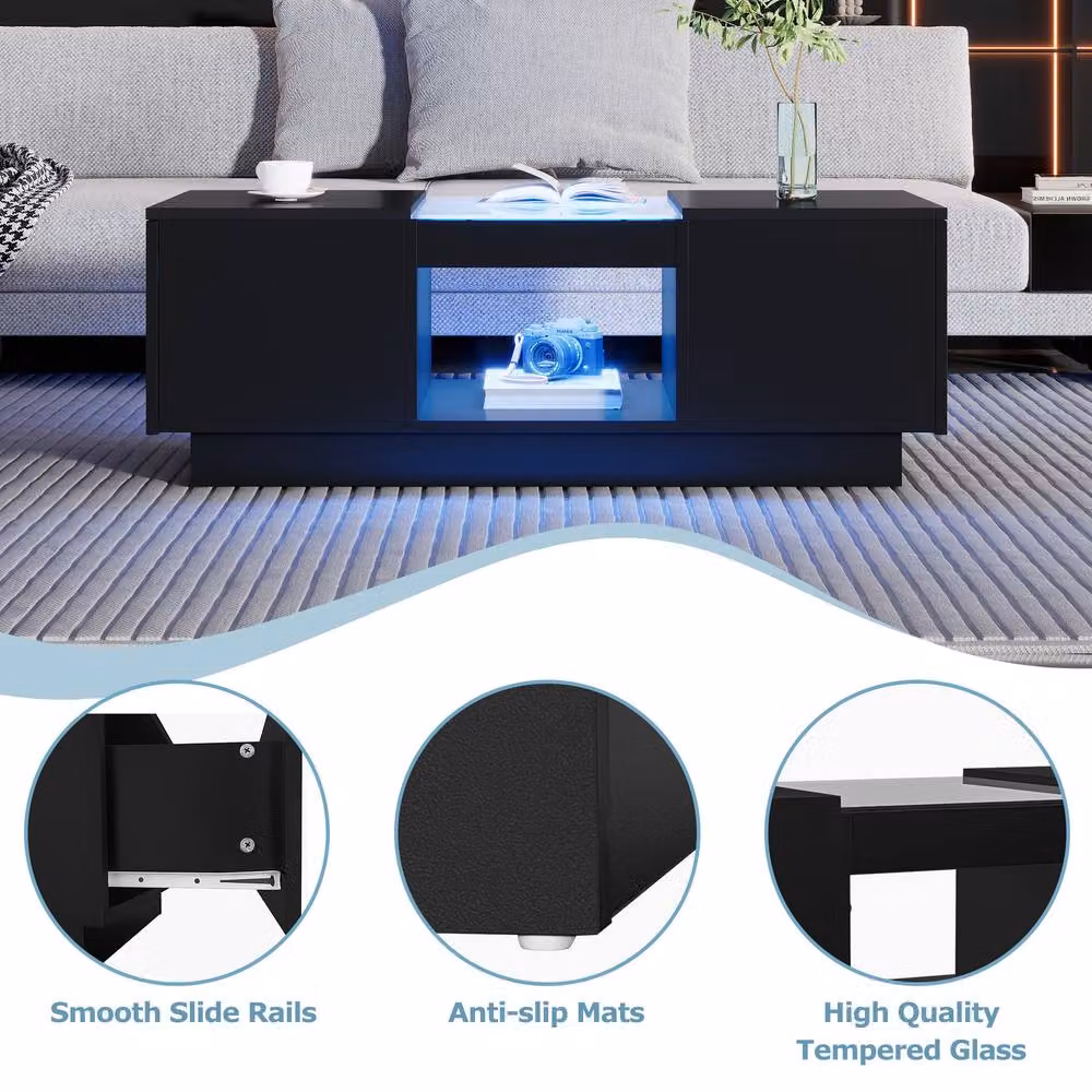 ModernLuxe Modern LED Coffee Table with 2 Tiers and 2 Drawers in Black – 4