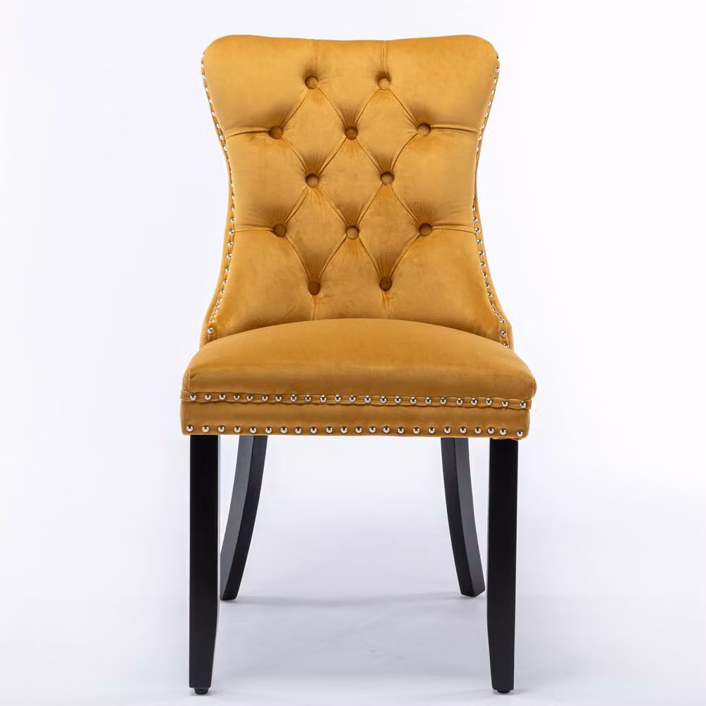 HomeTouch Romsey Set of 6 Yellow Velvet Upholstered Dining Chairs with Oak Legs and Knocker Ring Back – 5
