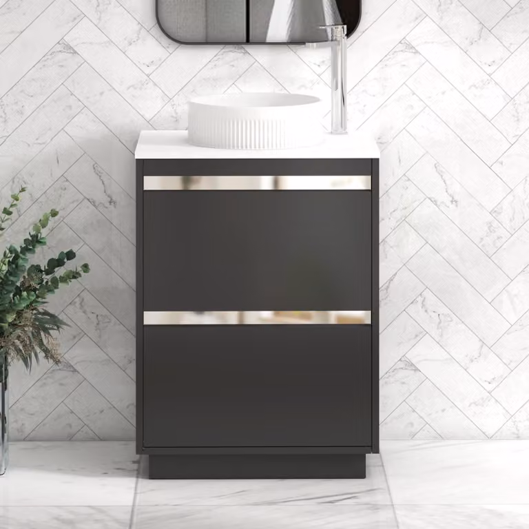 Royal Bathrooms Orion 600mm Matt Obsidian Black and Plain White Floor Standing Vanity Unit with 2 Drawers, Round Basin and Chrome Accent Trim