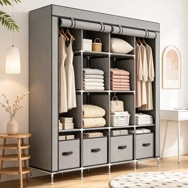 FORGEVIO Grey Large Canvas Fabric Wardrobe with Folding Doors, Hanging Rod and Internal Drawers – 1