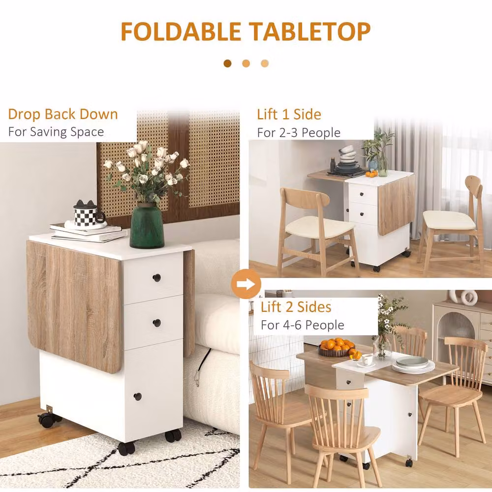 STILVORA Drop Leaf Dining Table with Storage and Castors in White – 3