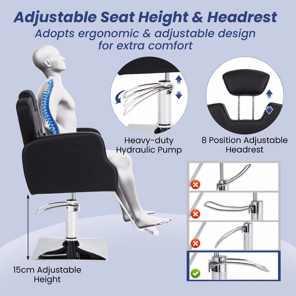 Gymax Black Swivel Barber Chair with Adjustable Headrest and Armrests – 3