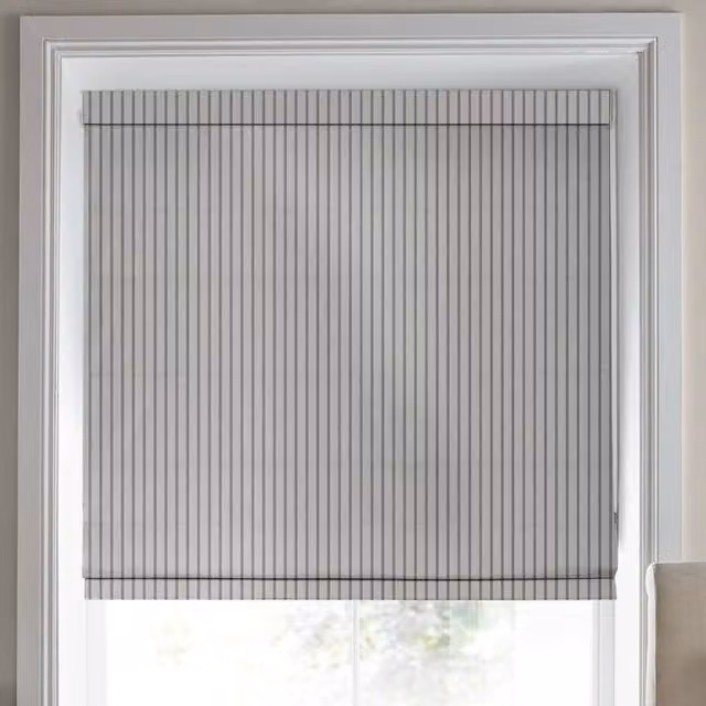 Laura Ashley Burnsall Stripe Made To Measure Blackout Roman Blind in Moonbeam Beige and Grey