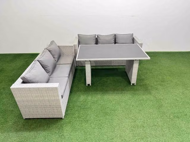 Fimous 6-Seater Patio Rectangular Table and Sofa Set in Light Grey with Rattan, Metal and Glass