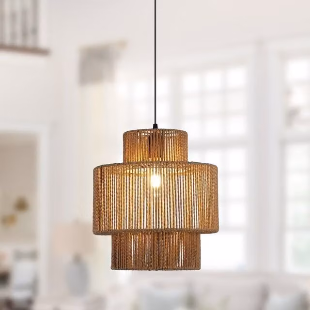 Garwarm Bronze Woven Rattan Boho Farmhouse Pendant Light with Adjustable Height