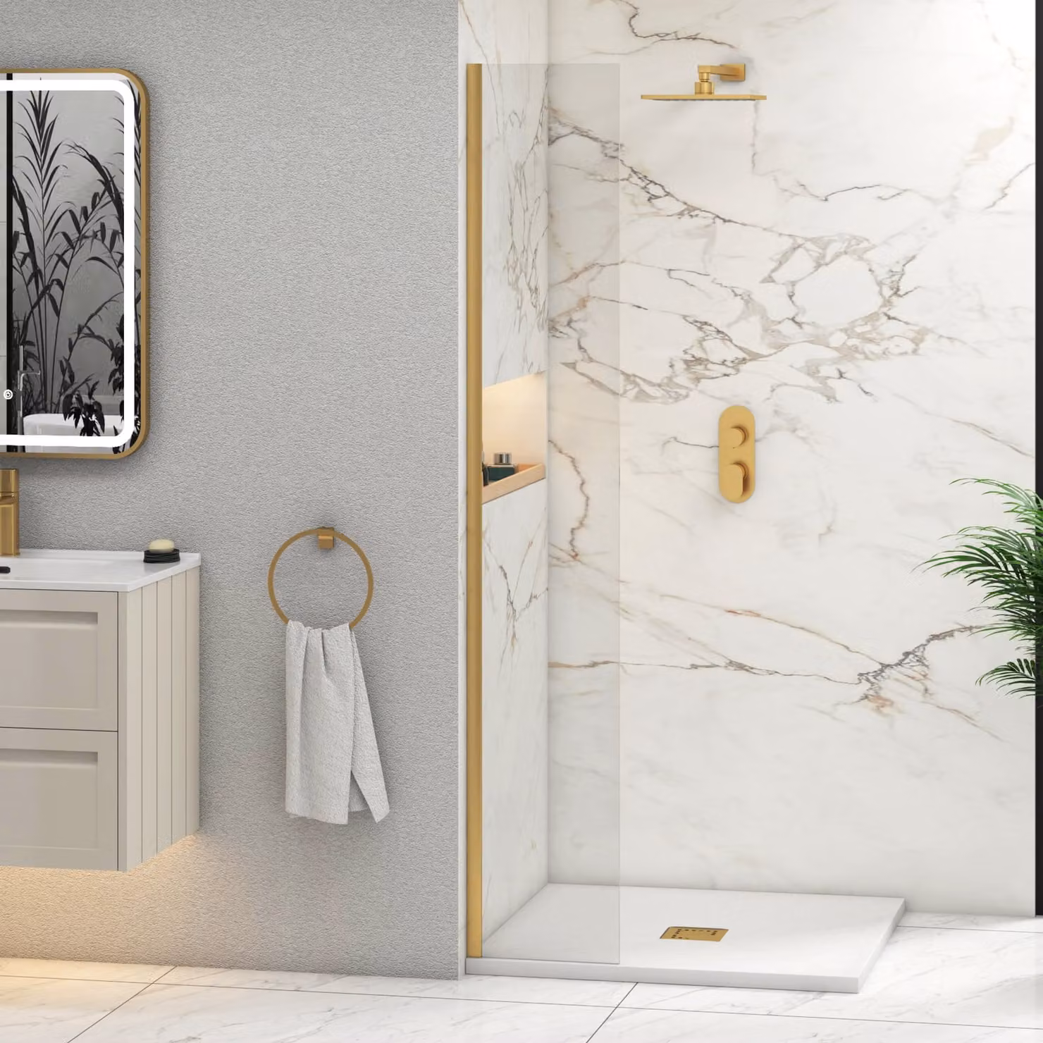 Royal Bathrooms Marbella Walk In Wet Room Shower Screen, Brushed Brass, Clear 8mm Easy Clean Glass, W: 30 cm, H: 185 cm, D: 3 cm
