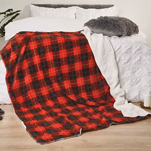 Dreamscene Red and White Tartan Check Sherpa Reversible Fleece Throw Blanket, W/D/H: 150 x 180 cm – 3