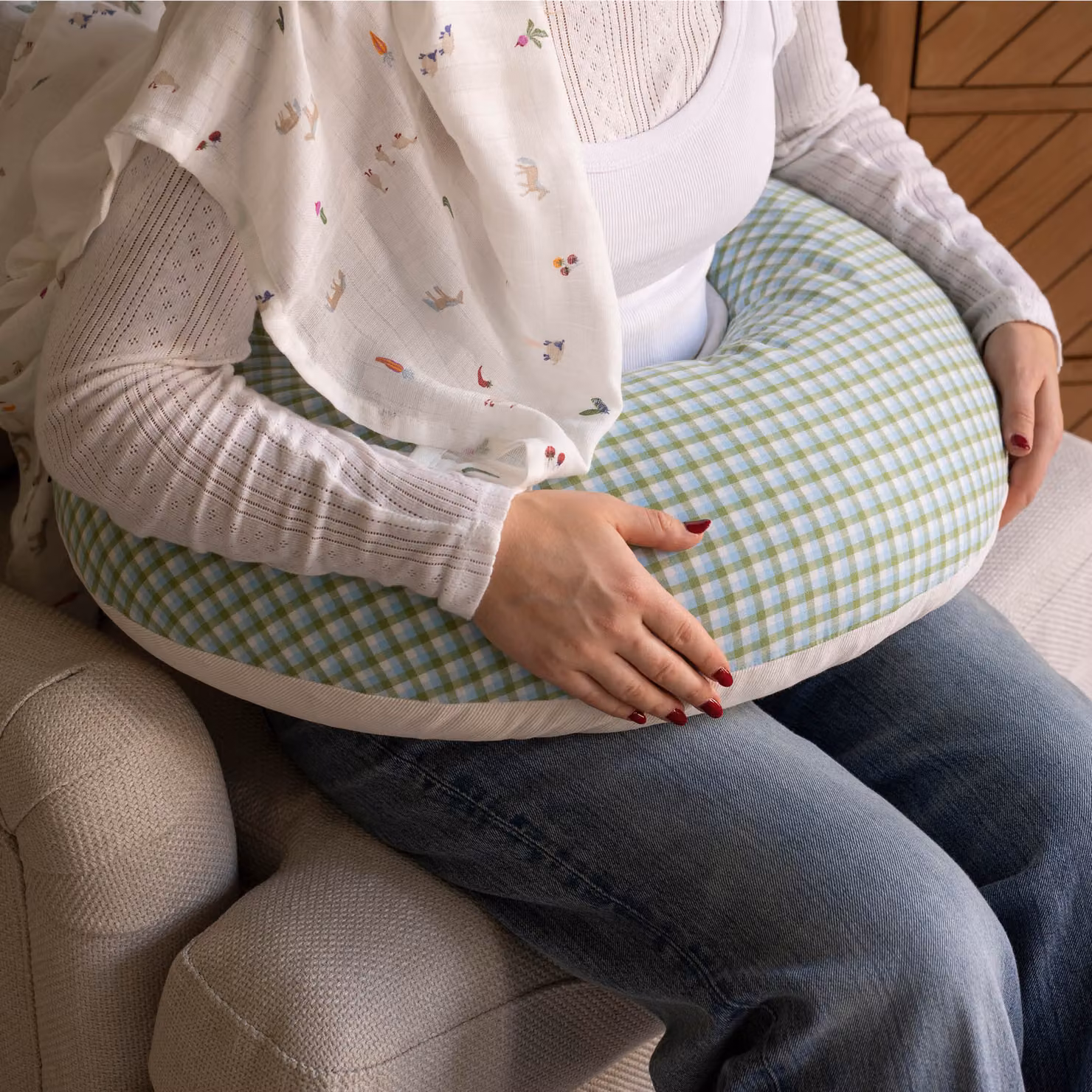 Avery Row Organic Cotton U-Shaped Nursing Pillow in Green Greenhouse Gingham – 3
