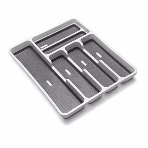 Addis Premium Soft Touch 6 Compartment Cutlery Drawer Organiser Tray, White and Grey – 1