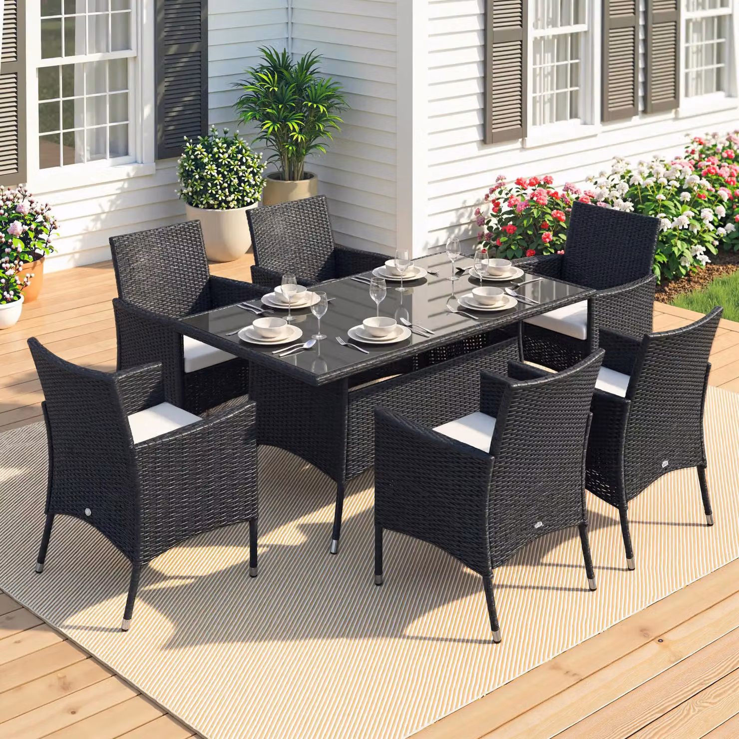 Outsunny 7-Piece Black Rattan Garden Furniture Dining Set for 6 Adults – 10