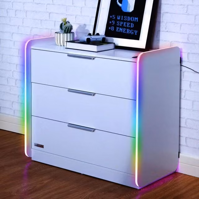 X Rocker Electra White Glossy 3 Drawer Chest of Drawers with Integrated LED Lights