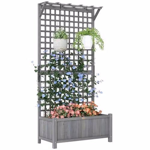 Outsunny Wood Planter with Trellis for Climbing Plants, Grey, W: 183.0 cm, H: 90.0 cm, D: 45.0 cm – 1