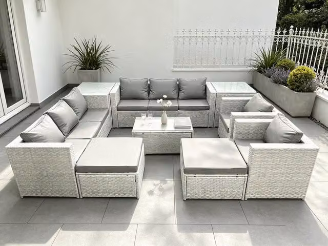Fimous Outdoor Rattan Garden Furniture Set in Grey with Lounge Armchair, Coffee Table and Ottoman – 1