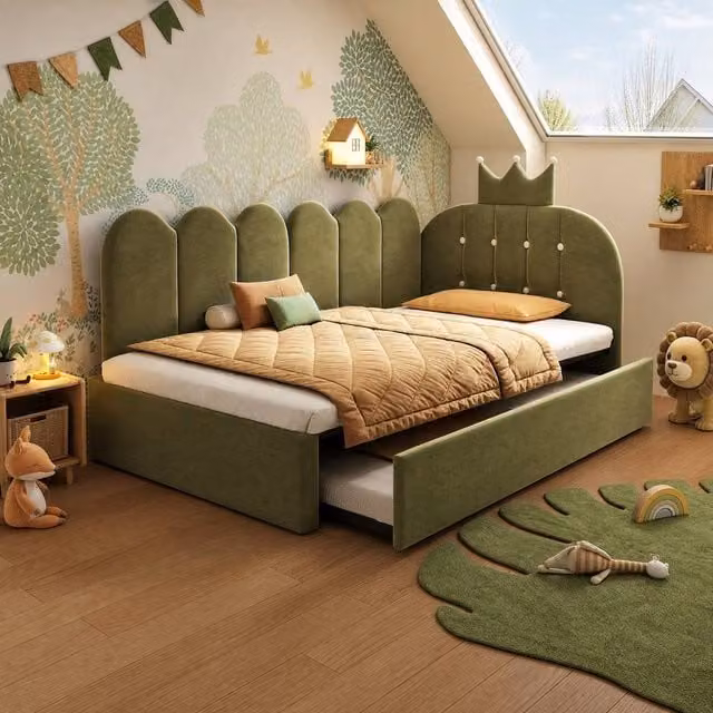 STILVORA 3ft Single Bed Frame with Pull-Out Bed and Drawers in Green Velvet, W/D/H: 90 x 190 x 31 cm – 1