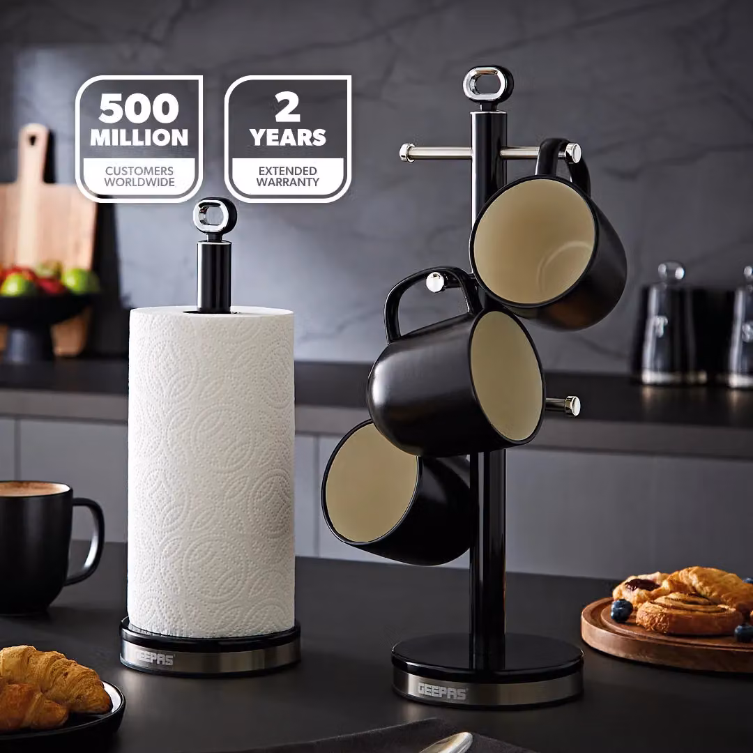 Geepas Retrovive Mug Tree and Towel Pole Set in Black Carbon Steel with Non-Slip Base – 2
