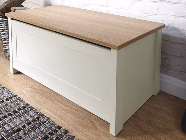 GFW Lancaster Ottoman Storage Box in Beige Lacquered Wood with Soft Close Lid