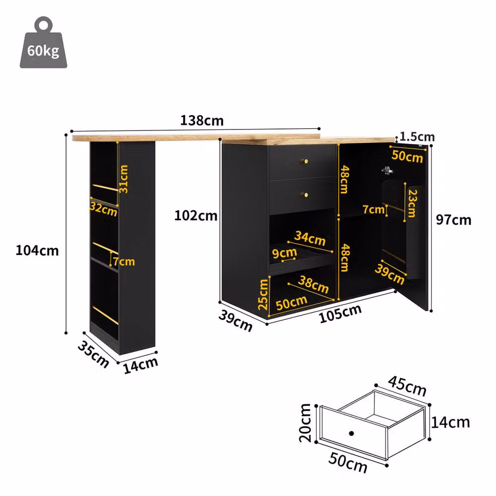 Rolipo 360 Swivelling Bar Table with 2 Drawers and Sliding Door Cabinet in Black and Gold – 5