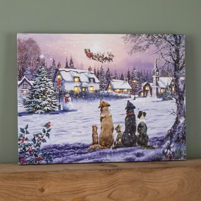 Samuel Alexander Multicolour Dogs Watching Santa Christmas Battery Operated Light Up Fibre Optic Wall Canvas, W: 40 cm, H: 30 cm
