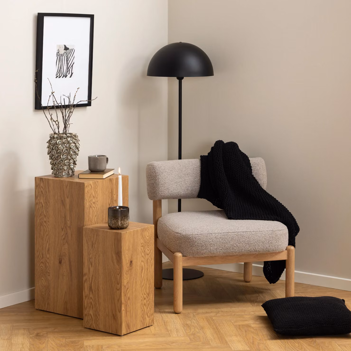 Furniture To Go Burley Scandinavian Lounge Chair in Beige Bouclé Fabric with Brown Oak Wood Frame – 2
