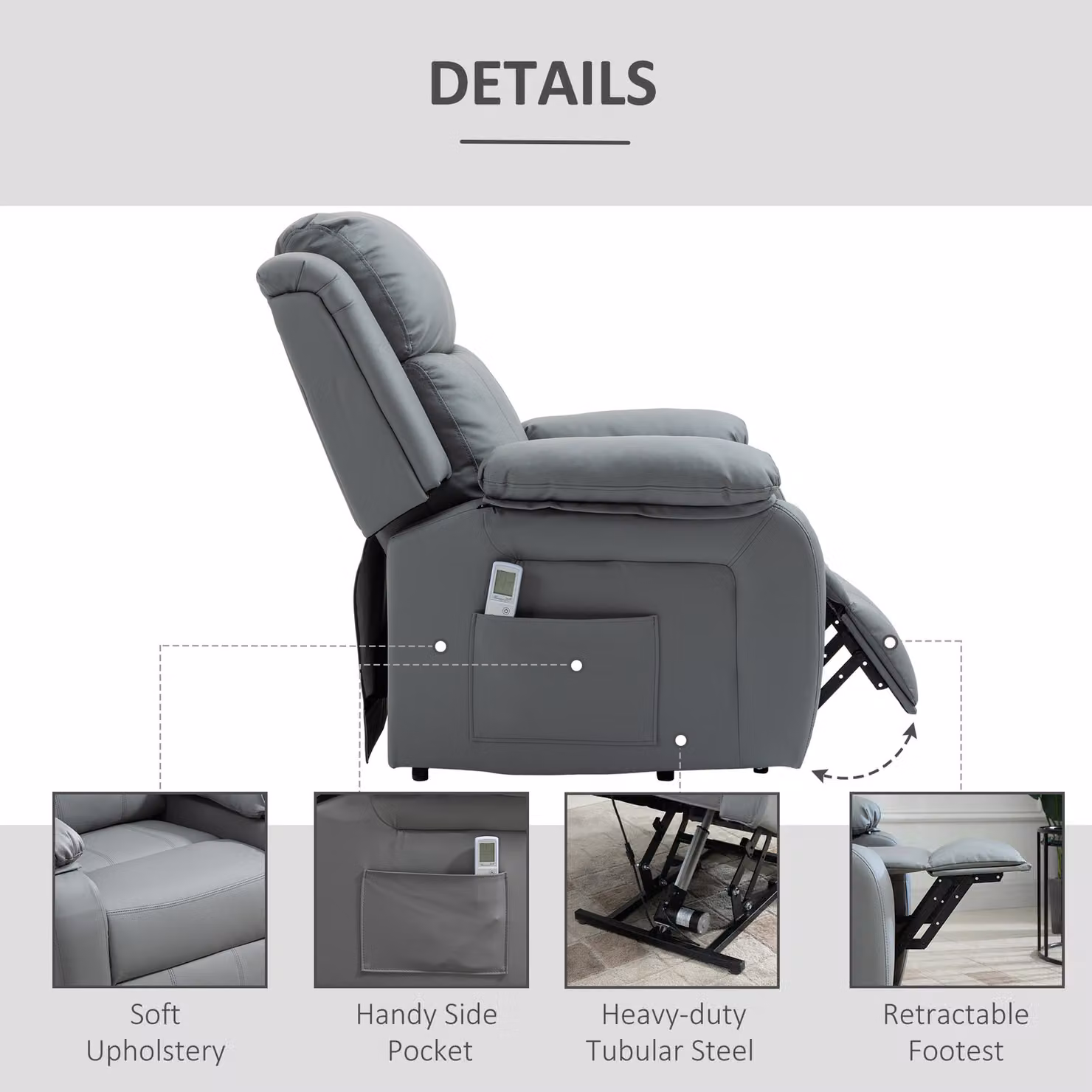 HOMCOM Electric Power Lift Recliner Chair with Vibration Massage and Remote Control, Grey – 4