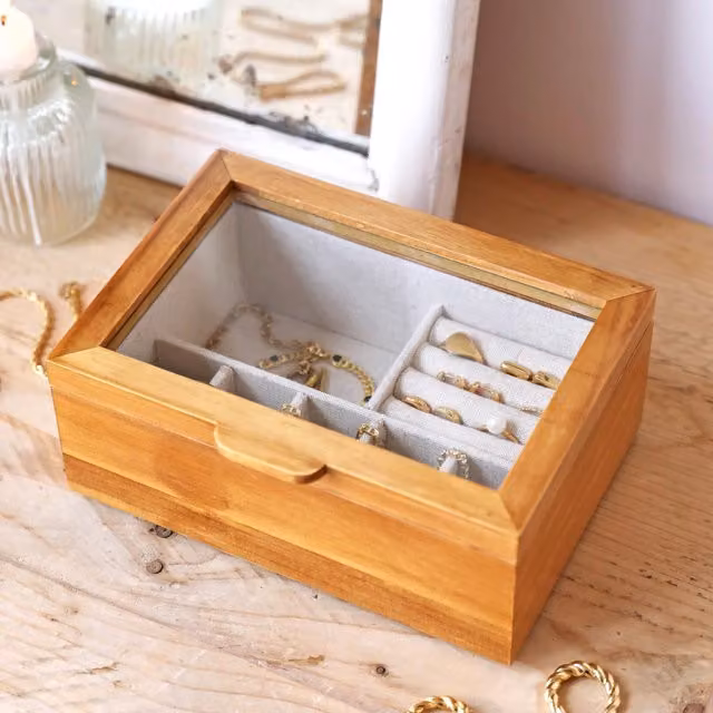 Lisa Angel Medium Solid Wood Jewellery Box with Glass Top in Brown