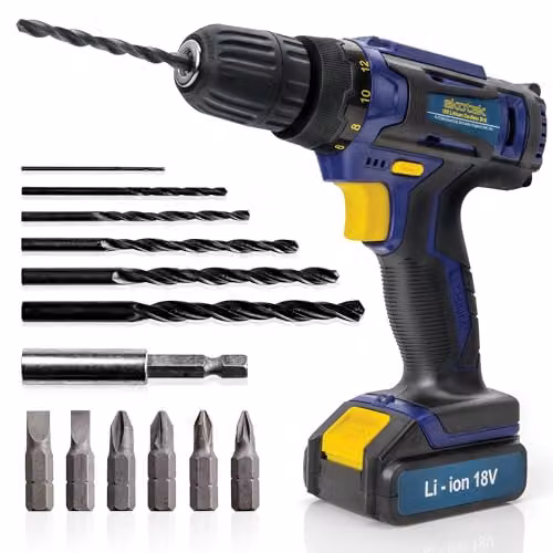 Skotek 18V Cordless Drill and 13-Piece Bit Set with Rechargeable Battery in Blue – 1