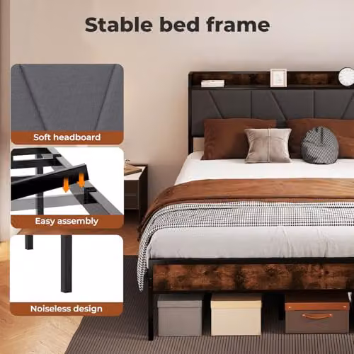 Levede Rustic Brown Upholstered Bed Frame with Side Compartments and Bedside Shelf, W/D/H: 140 x 200 cm – 4