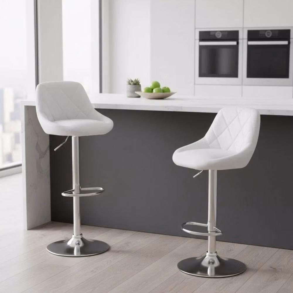 VOGREX Set of 2 White Mid Back Swivel Bar Stools with Oval Synthetic Leather Seats and Metal Base – 2
