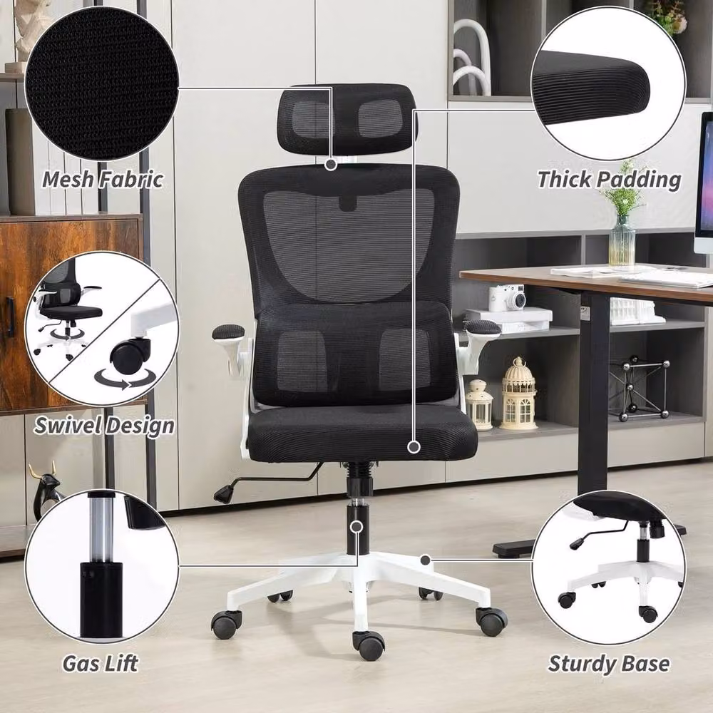 FLAVORA Ergonomic Black Fabric Office Chair with Adjustable Headrest and Armrests – 5