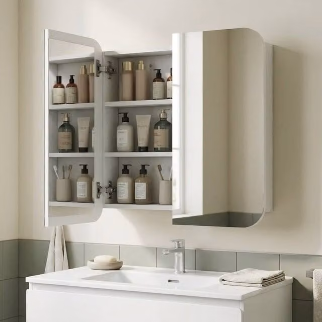 STILVORA Modern White Wall-Mounted Mirror Cabinet with Glass Doors and Internal Shelves – 1