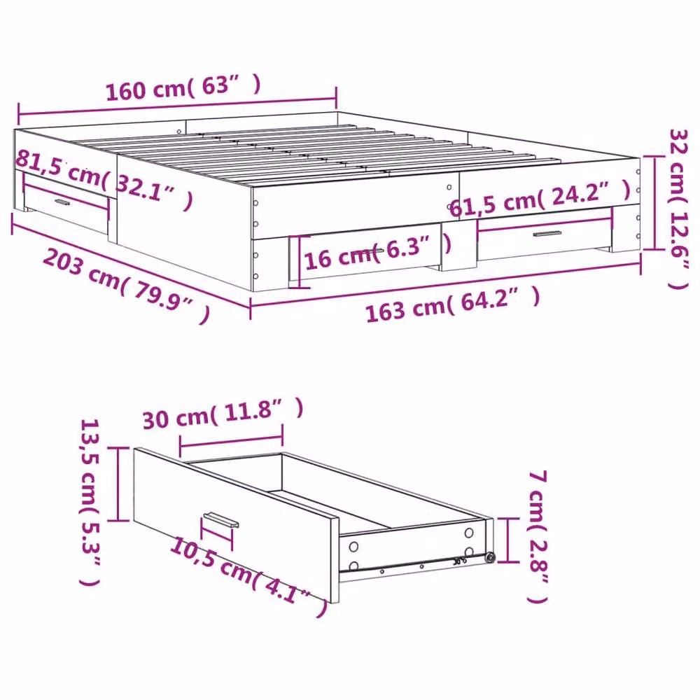 Berkfield Home Bed Frame with Drawers in Grey Sonoma, W/D/H: 160 x 200 cm – 3