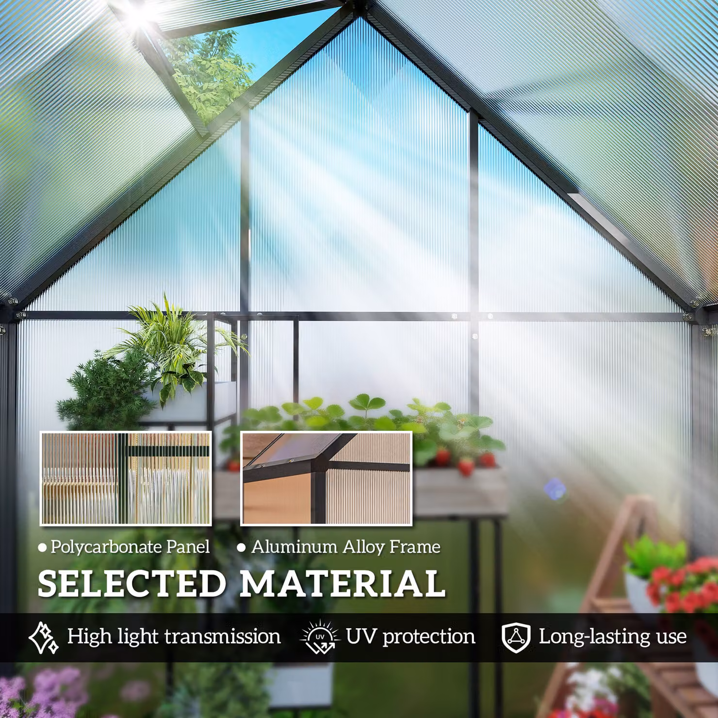 Outsunny Black Polycarbonate Walk-in Greenhouse with Aluminium Frame, Gable Roof, Hinged Swing Door and Adjustable Window, W/D/H: 167.64 x 170.0 x 195.0 cm – 5