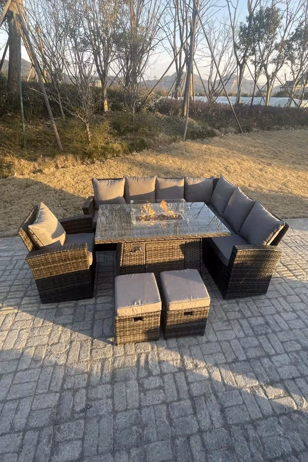 Fimous 9 Seater High Back Rattan Dining Set with Gas Fire Pit Table in Dark Grey – 2