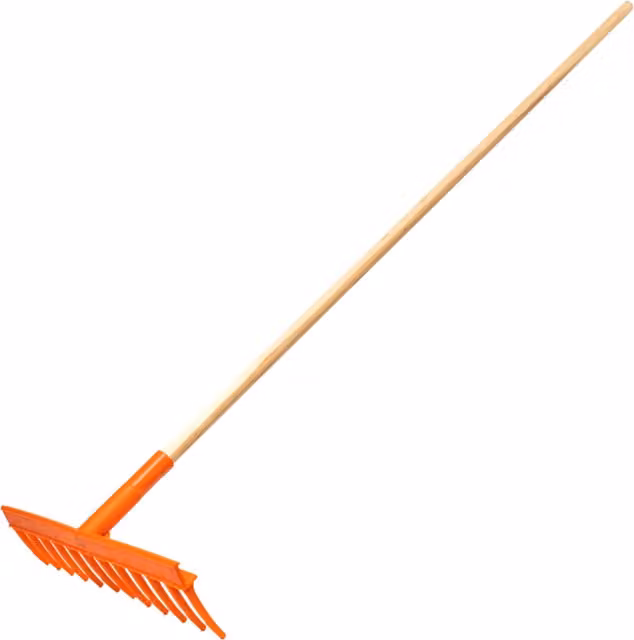 SolaDirect Heavy-Duty Garden Rake with 12 Tines, 50 cm Wide Plastic Head and Wooden Handle in Orange