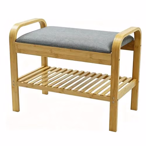 Gr8 Home Bamboo 2 Tier Shoe Rack Bench with Fabric Cushion Seat, W/D/H: 60 x 50 x 34 cm, Natural Grey – 2