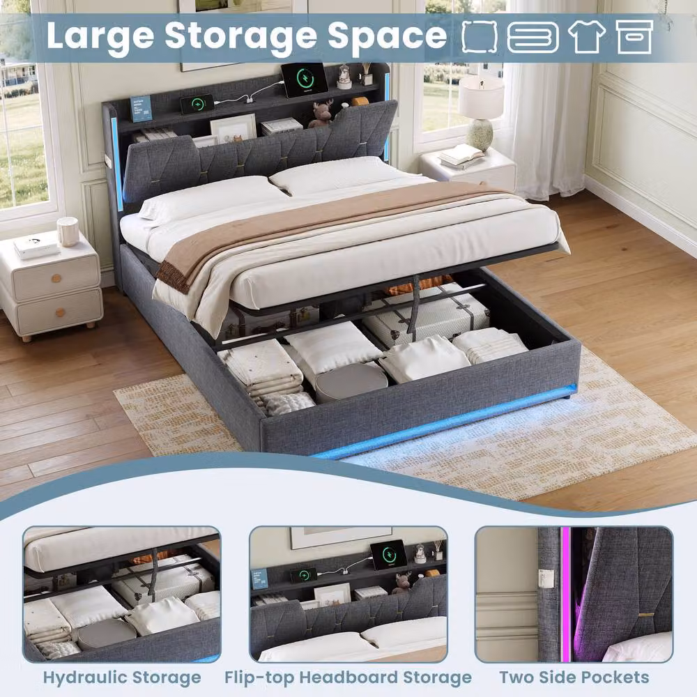 BTM King Size Hydraulic Storage Bed in Grey with X-Shape LED Lighting and USB Charging Ports, W/D/H: 180 x 200 cm – 5