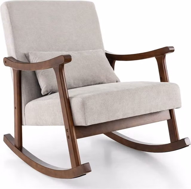 Costway Mid-Century Rocking Accent Chair with Armrests in Brown and Grey Fabric and Solid Wood Frame