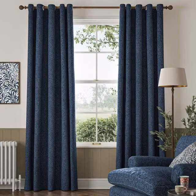William Morris Acorn Midnight Blue Floral Velvet Made To Measure Eyelet Curtains