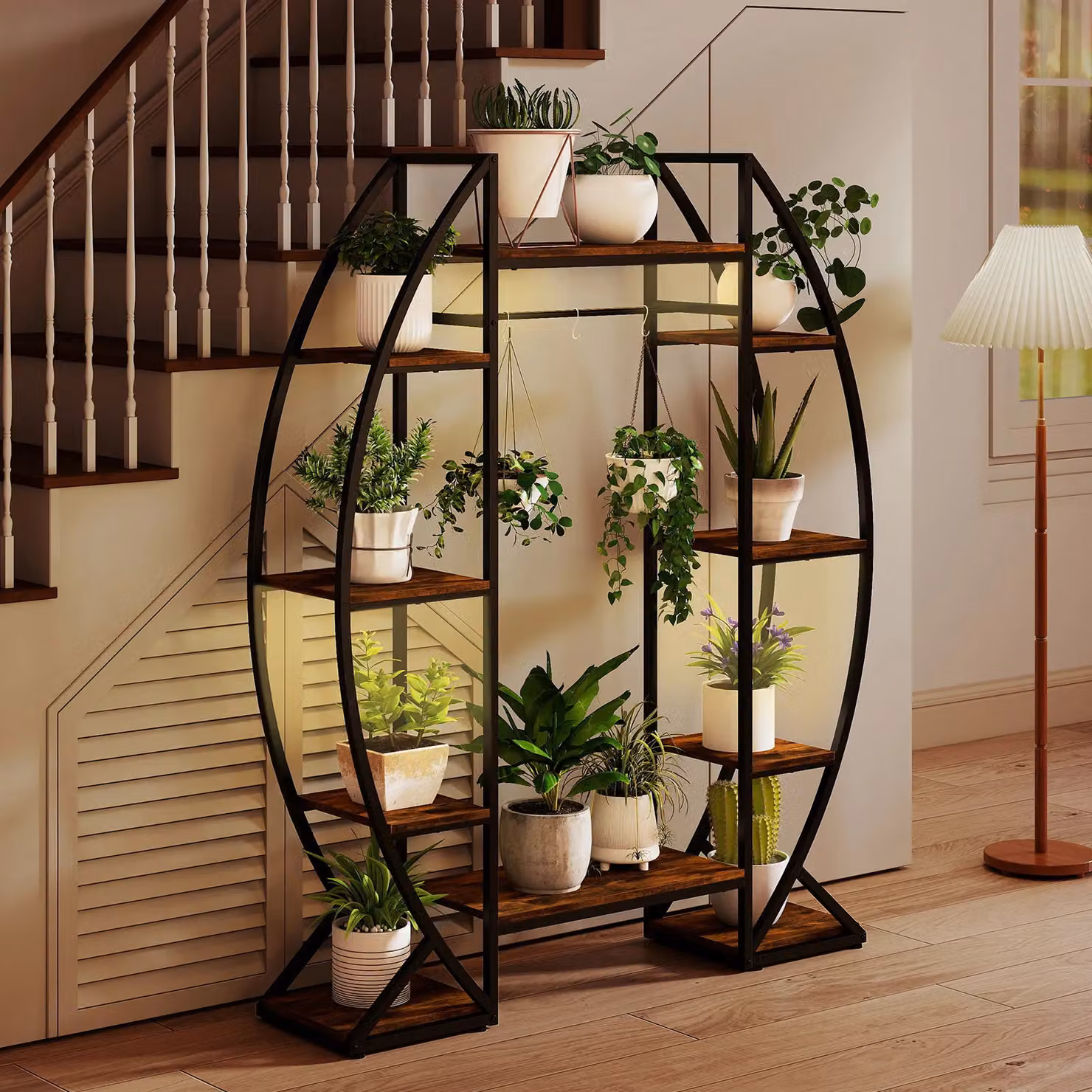 Gymax 10-Tier Corner Metal Indoor Plant Stand with Grow Lights in Brown – 6