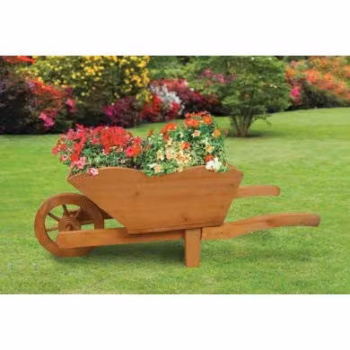 Groundlevel Brown Wooden Wheel Barrow Planter and Flower Pot – 1