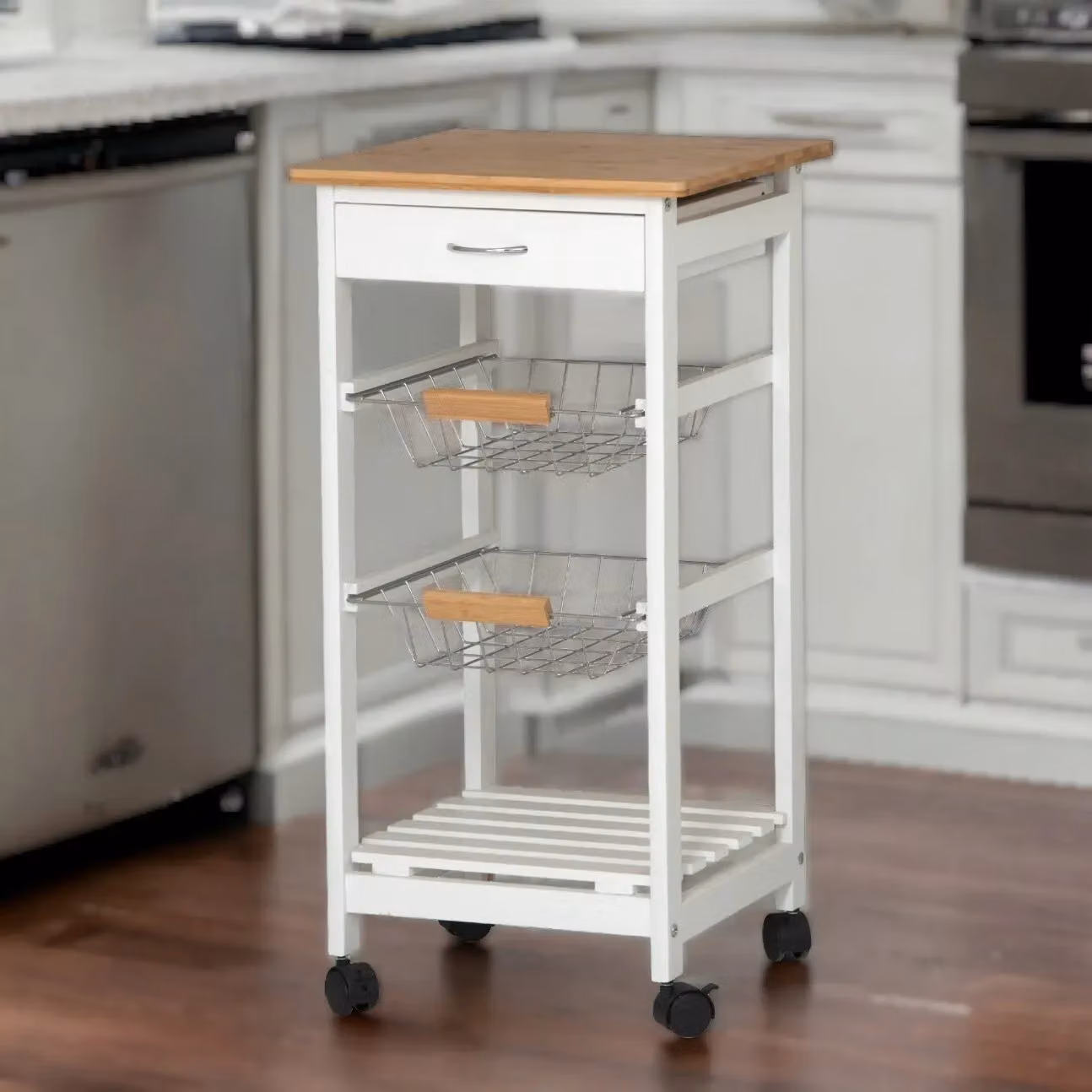 EONLION 3 Tier Portable Kitchen Trolley with Bamboo Top and MDF Drawers in White, W/D/H: 75 x 37 x 37 cm – 4