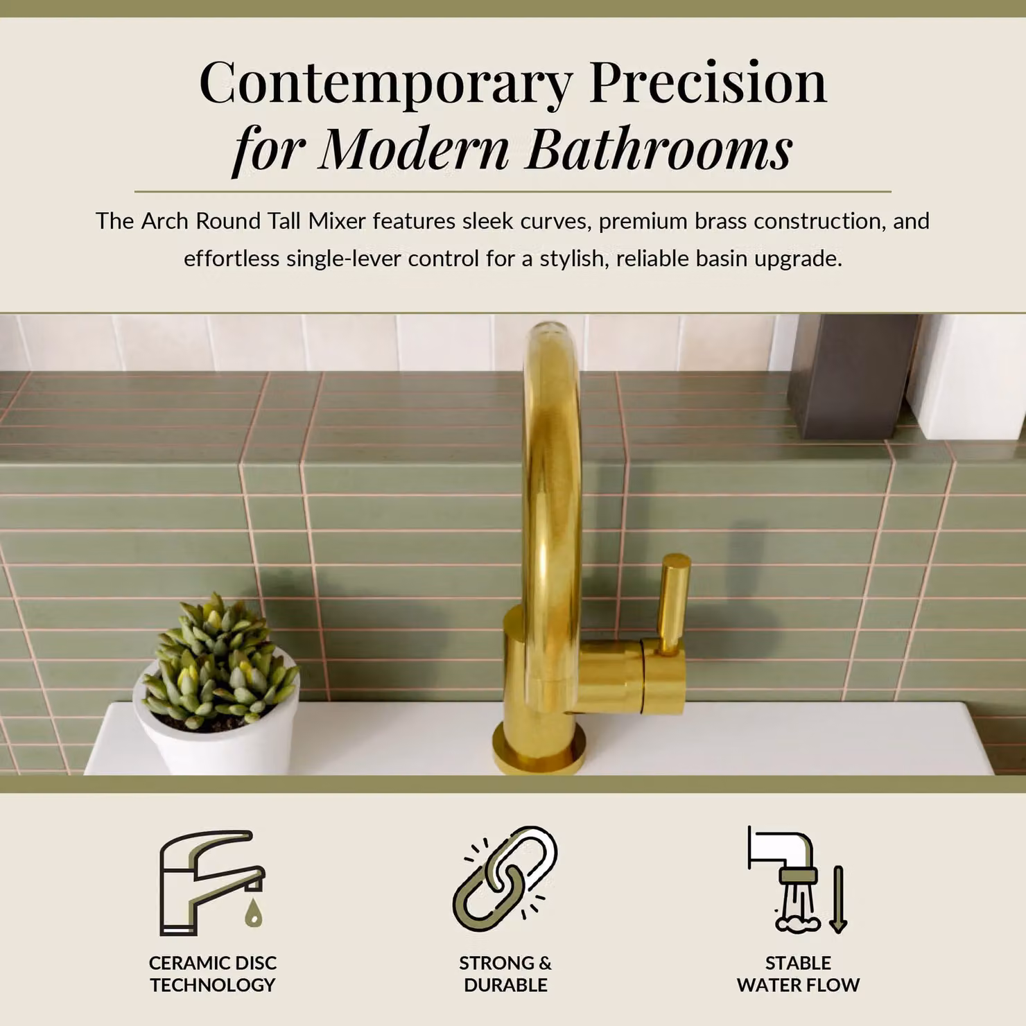 Balterley Round Tall Single Lever Mono Basin Mixer Tap with Pop-up Waste, Brushed Brass – 2